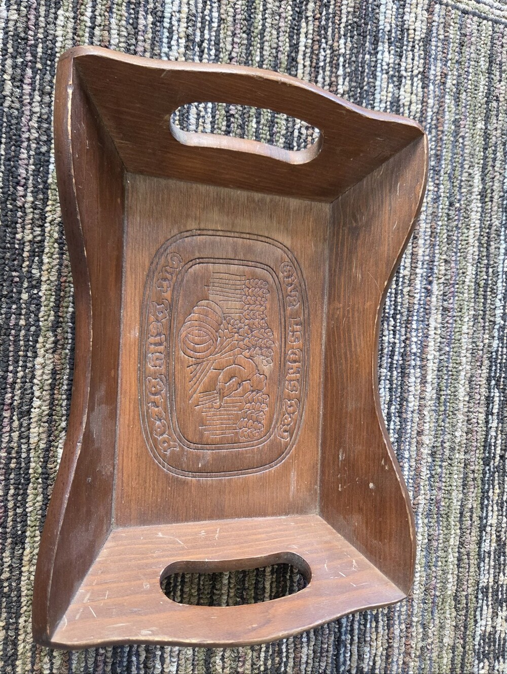Vintage Carved Wooden Bread Serving Tray with Harvest Motif